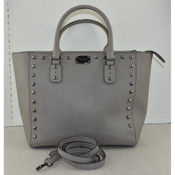 Michael Kors Womens Sandrine Studded Gray Saffiano Leather Satchel Handbag - Picture 1 of 16
